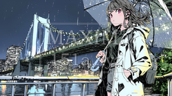 雨の中を歩く女性と都会のランドスケープ