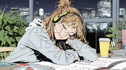 資料（本）を読みながら、うとうと眠ってしまう若い女性 | 88572-16004