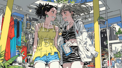ビーチリゾートのショップで女友達と買物をしている若い女性