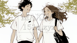 幸せそうなカップル：散歩中（シンプルな色使い）
