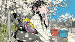 満開の梅の花と和服姿の若い女性