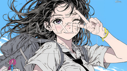 ウィンクしている女性：ピースサイン