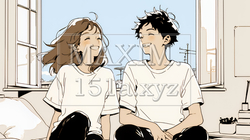 幸せそうなカップル：リビングルームて談笑（シンプルな色使い）｜8878976-12244