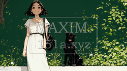 愛犬と散歩している若い女性（シンプルな色使い）｜818935-17888