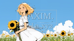 ひまわりと女性（シンプルな色使い）｜9179552-8763