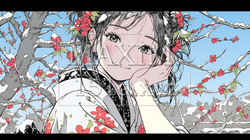 満開の梅の花と和服姿の若い女性 | 889915-14722