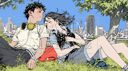 新緑の芝生が広がる都会の公園でくつろぐ若い男女 | 8912777-16929