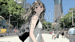 夏の昼下がり、白いドレスを着て街歩きをしている若い女性｜9717575-18012
