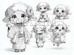 かわいい羊の擬人化ポーズ集｜白黒線画の干支・年賀状向けイラスト素材｜9167990-20526