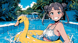 スワン浮き袋でプールでお楽しみ中の若い女性