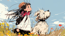 愛犬と散歩をしている女の子（クレヨン＋水彩画風）｜8867928-8388