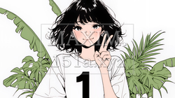 数字の「1」を掲げている若い女性（シンプルな色使い）