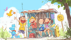 小学生の夏の思い出：友達といつまでもおしゃべり（クレヨン＋水彩画風）