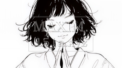 手を合わせてお祈りをしている和服姿の若い女性（シンプルな色使い）