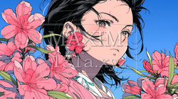 満開のツツジの花と若い女性