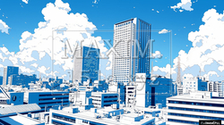 都市の町並みと夏の青空