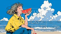 スイカを海辺て食べている若い女性 | 8958097-9887