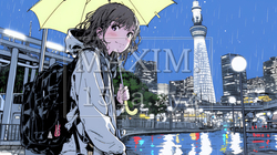 雨の中を歩く女性と都会のランドスケープ｜9036045-16229