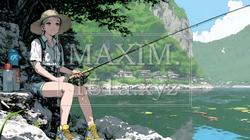岸から魚釣りを楽しむ若い女性｜渓流・自然・アウトドア・ライフスタイル | 898965-17547