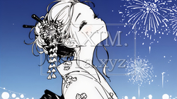 打ち上げ花火を見ている浴衣を着た若い女性（シンプルな色使い） | 8994766-10807