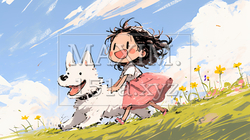 愛犬と散歩をしている女の子（クレヨン＋水彩画風）｜8930025-10907