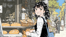 近所のパン屋で焼きたてパンを買う若い女性 | 9001553-16191