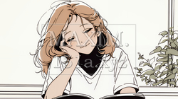 資料（本）を読みながら、うとうと眠ってしまう若い女性（シンプルな色使い）