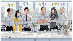 数人のビジネスパーソンが腕組みをして疑問を抱いた顔をしている | 9018059-8574