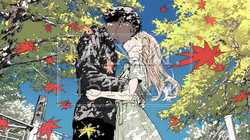 秋の紅葉の下でキスをしている若い恋人たち｜9027760-5489