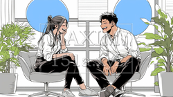 会社の休憩室で談笑中の男女