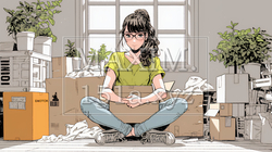引っ越しの荷造り・荷解きをしている若い女性 | 9035199-14923