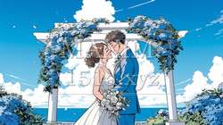 海辺で結婚式を挙げている若い男女｜9052788-6917