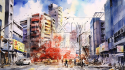 都市を直撃する地震：都市直下型地震の水彩画 | 9052364-18398