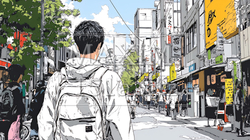 晴れた日に東京の商店街を歩く