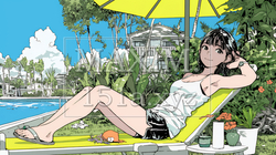プールサイドのデッキチェアでくつろぐ若い女性｜夏のリゾートとリラックスライフスタイルイメージ | 9057298-17598