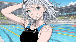 プールサイドに立つスクール水着姿の若い女性