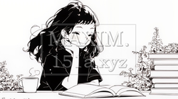 秋の読書を楽しむ若い女性｜静かで落ち着いた秋の日のイラストポートレート（シンプルな色使い）｜9155410-18098