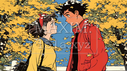 紅葉の公園でデートをしている若い男女のカップル｜9096789-7278