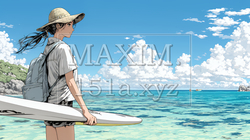 海でSUP（サップ）を楽しむ若い女性（ライフジャケットとリーシュコードの装着は必須だよ）｜爽やかなマリンスポーツ・夏のレジャーイラスト | 9086550-20473