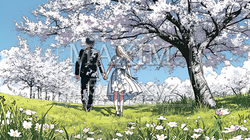 満開の桜の木の下でデートをしている若い男女のカップル｜99725-16382