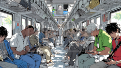 電車に乗車している全員がスマホをいじっている | 9096789-7278