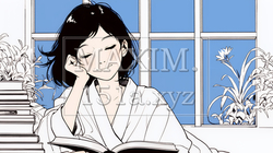 資料（本）を読みながら、うとうと眠ってしまう若い女性（シンプルな色使い） | 910082-16025