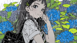 アジサイと梅雨の長雨と若い女性｜9226011-9266