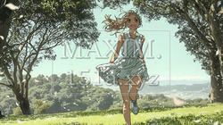 喜びにあふれ、軽やかにスキップする若い女性 | 9109643-16991