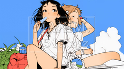夏休みの思い出：友達と海水浴に行く（シンプルな色使い）