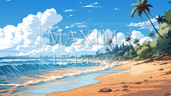 南国の島の浜辺と青い空のイラスト | 9125940-20078