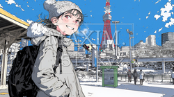雪の積もる冬の都会を散策している若生女性｜9130376-7366