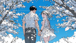 満開の桜の木の下でデートをしている若い男女のカップル｜9134553-6525