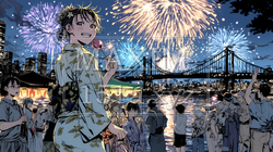 都会の花火大会と浴衣姿の若い女性