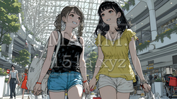女友達と一緒にショッピングモールを歩き回る若い女性 | 9138098-16765